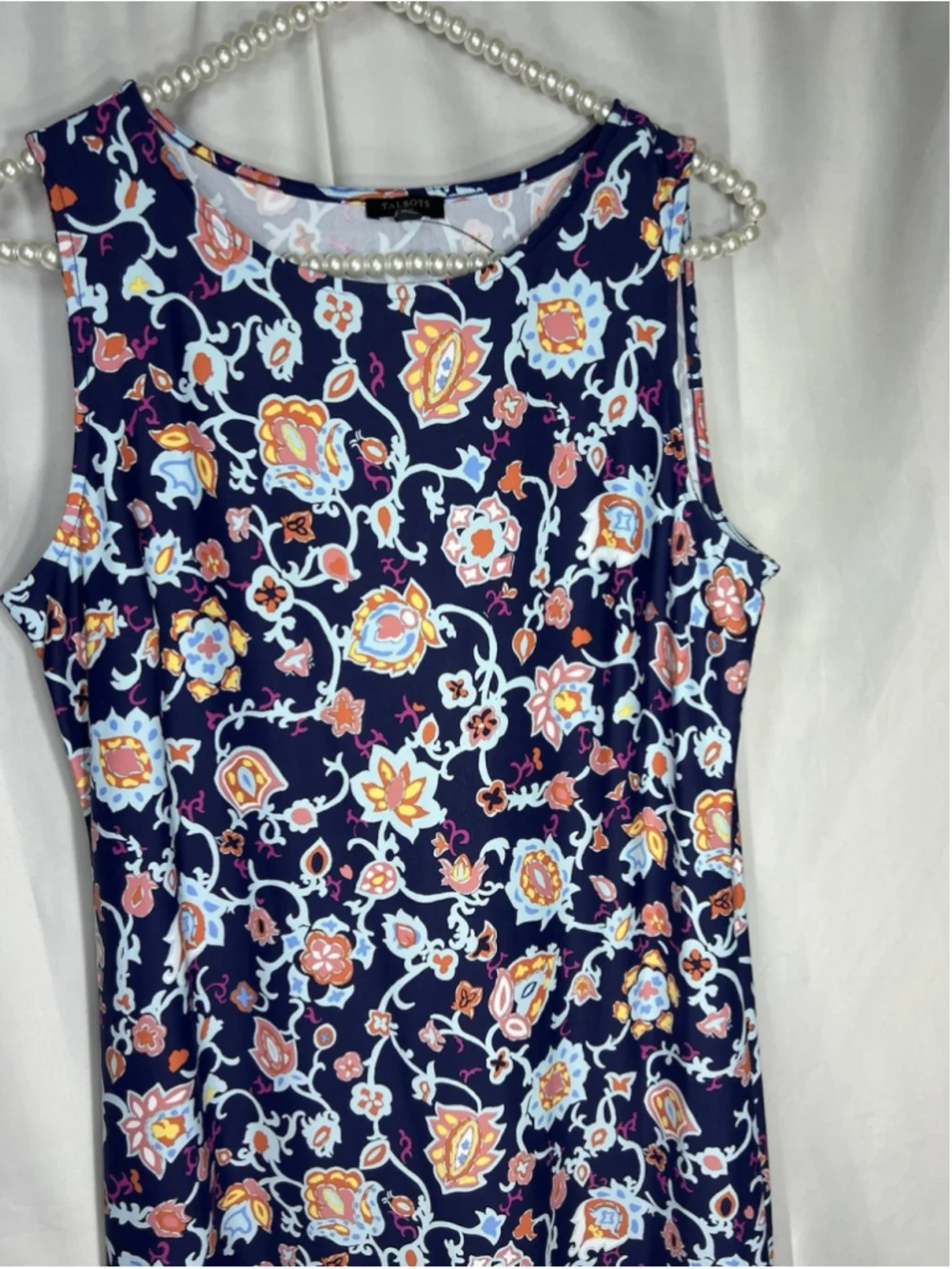 Talbots Navy Multicolor Boho Floral Knit Dress Sleeveless Scoop Neck PM Office - Picture 2 of 9